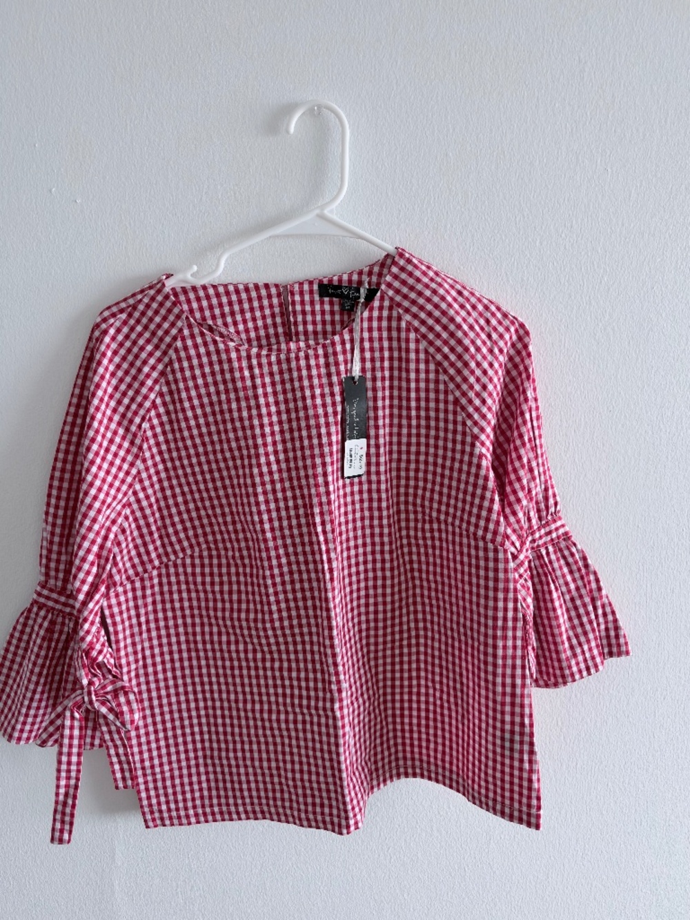 Velvet Heart Red White Gingham Bell Sleeve Top
